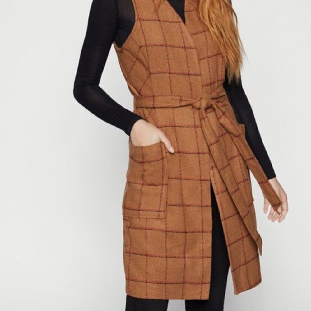 BCBGeneration Carmel Plaid Long Faux-Wool Tie Vest Shacket Women’s Size Small - Picture 9 of 10